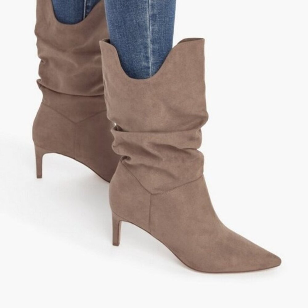 Justfab Frenchy Slouch Suede Heeled Bootie boots Portobello taupe tan size 6.5